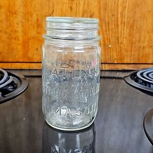 Vintage Hazel Atlas Strong Shoulder Mason Pint Clear Glass Jar w/flat Atlas Lid